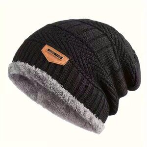 Black Warm Fleece Lined Knit Beanie Mens, Woman, Winter Slouch Skull Cap Thermal